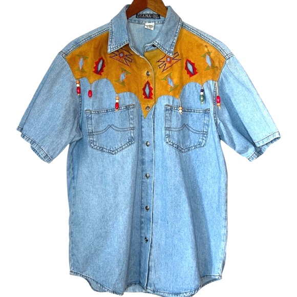 Vintage Zana-Di Western Cowboy Short Sleeved Chambray Denim Button Up Shirt S - Picture 1 of 7
